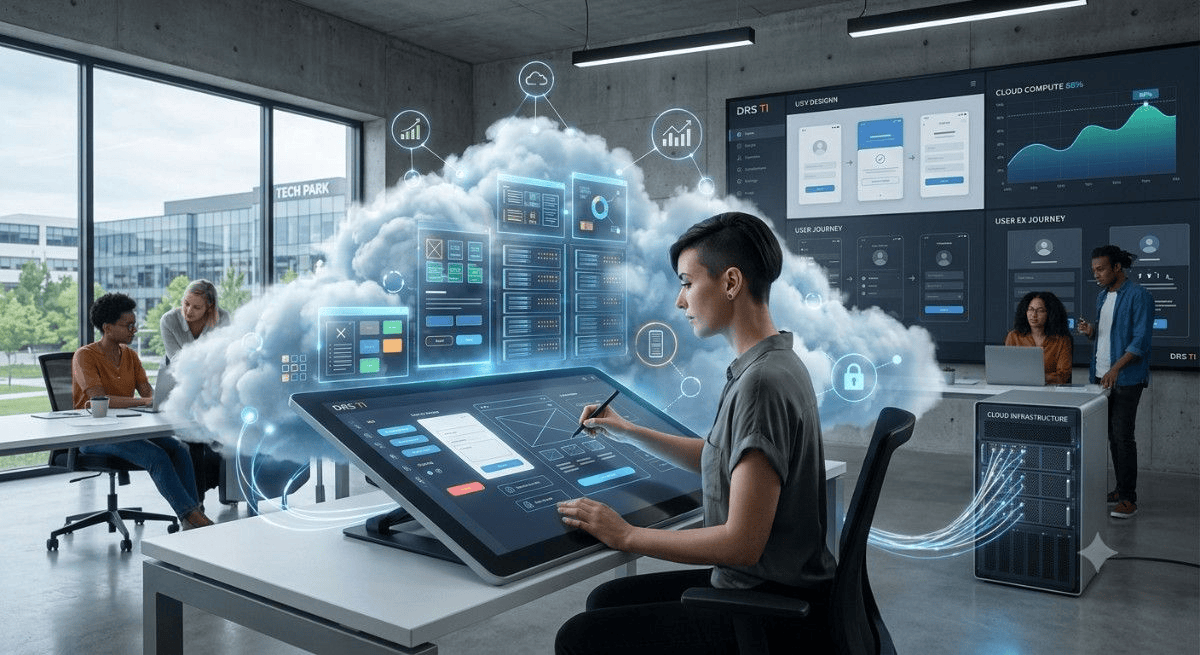 Representación visual de servicios cloud y diseño UI/UX para productos digitales