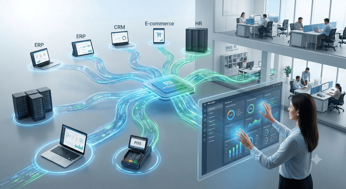 Representación visual de integración de sistemas y conexión de plataformas empresariales